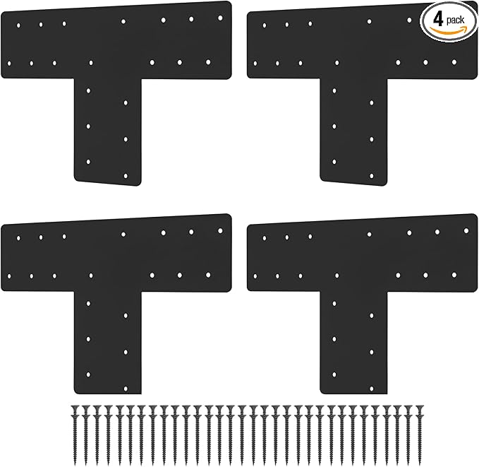 4 Pcs T Post Bracket,16.9"x 5" T Flat Mending Plate with Black Powder-Coated Joining Brackets, Connecting Brackets, T Shape Strap Plate Fit 6x6,8x8, for Repair House,Pavilion,Truss framing
