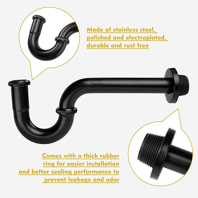 Stainless Steel P-Trap - 1 1/4 Inch Bathroom Basin Sink Waste Trap with Reducing Washer, Matte Black