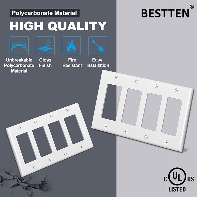 [2 Pack] BESTTEN 4 Gang Decor Wall Plate, Standard Size Unbreakable Polycarbonate Outlet and Switch Cover, H4.53” x W8.23”, UL Listed, White