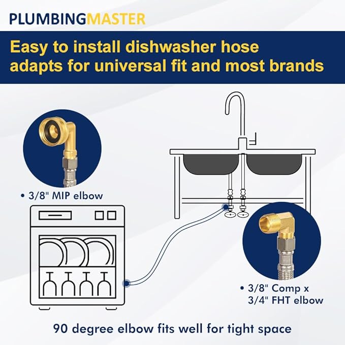 6FT Dishwasher Hose with Elbow – Stainless Steel Braided Supply Line, 3/8" Compression to 3/8" Elbow, Universal Fit, Burst Proof, NSF/Lead-Free Certified, 10-Year Warranty