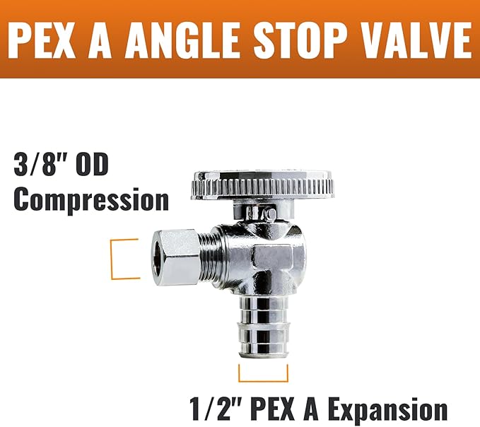 SUNGATOR 12-Pack Pex A Angle Stop Valve, 1/2" Pex A Expansion x 3/8" OD Compression, 1/4 Turn Chrome Plated Brass Shut Off Valve