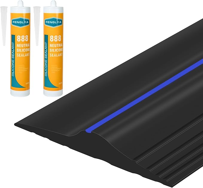 ToLanbbt 20Ft/6M Universal Garage Threshold Seal Strip with 300ml Black Sealants/Adhesives, Garage Door Bottom Weatherproof Strip Rubber DIY Weather Stripping Replacement (Black-Blue Line)