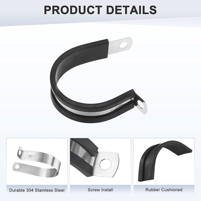 12-Pack Cable Clamps, 1-9/16 Inch/ 40 mm 304 Stainless Steel Rubber Cushioned Insulated Cable Clamp R Shape Metal Holder for Tube/Wire/Pipe/Loop Installation