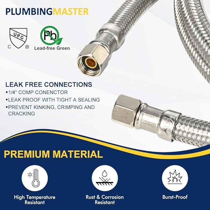 30ft Ice Maker Water Line Stainless Steel Braided – Flexible Refrigerator Water Supply Tube with 1/4" Quick Connect Fitting, Universal Fit