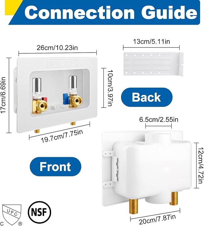 Washing Machine Outlet Box with Center Drain, 1/2" Sweat MIP Inlet x 3/4" MHT Outlet Connection with Hot and Cold 1/4-turn Shut-off Ball Valve and Stainless Steel Water Hammer Arrestor