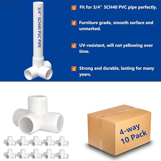 3/4" PVC Fittings 4 Way (10-Pack) Furniture Grade, Elbow Connector, Heavy Duty for DIY Furniture, Frames, UV Resistant - Compatible with 3/4" Schedule 40 PVC Pipes‌