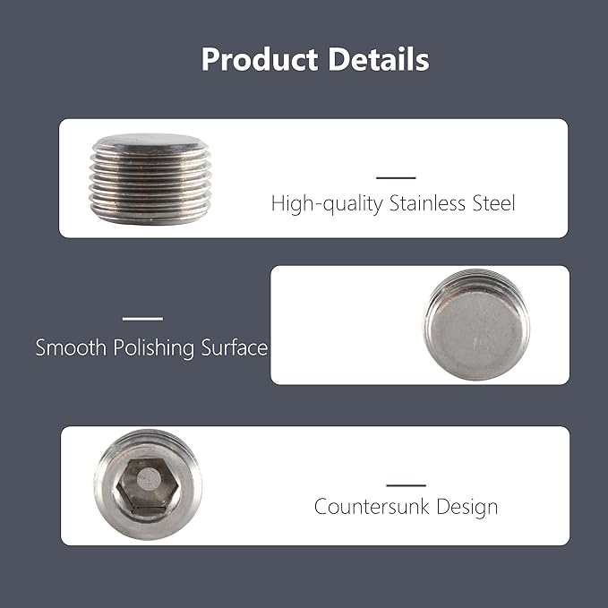 Stainless Steel Pipe Fitting 1/2" NPT Hexagonal Countersunk Male Thread Pipe Plug, 3PCS