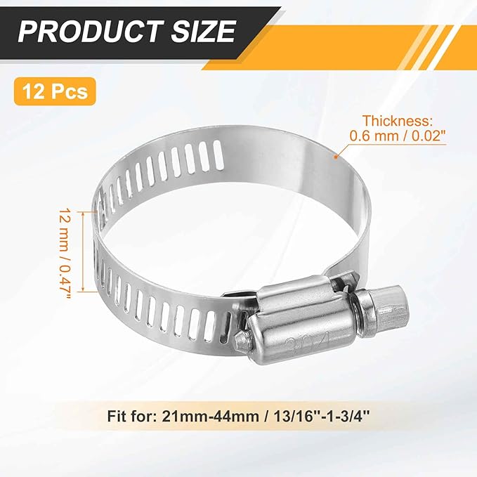 HARFINGTON 12 Pcs Hose Clamp 13/16"-1-3/4" (21-44mm) 304 Stainless Steel Adjustable Worm Gear Hose Clamp with Phillips Screw Assortment Kit for Fuel Line Pipe Plumbing Automotive Tube