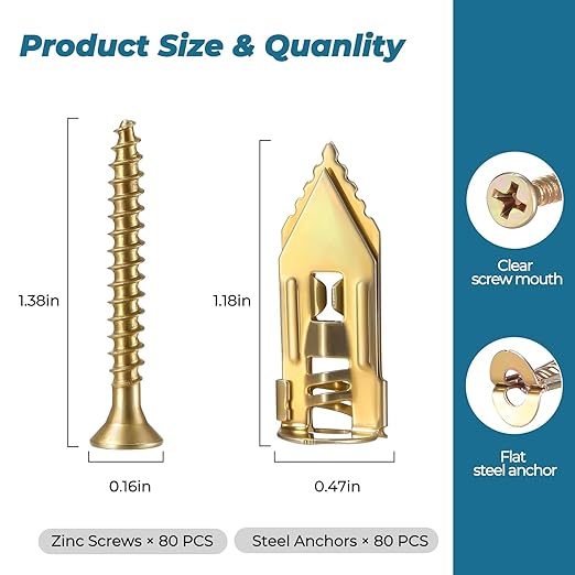160PCS Upgraded Self Drilling Drywall Anchors with Screws Kit - 80 Corrosion-Resistant Zinc Winged Anchors + 80 Screws for Sheetrock/Gypsum Board/Hollow Walls, No Drill, Making Anchoring Easy