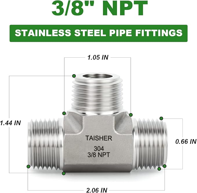 TAISHER 1PCS Forging of 304 Stainless Steel Tee Pipe Fittings, 3/8" x 3/8" x 3/8" NPT Male Pipe Fittings