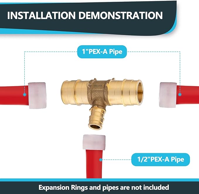 (20-Pack) Seelink PEX-A Expansion Fittings, 1" x 1" x 1/2" PEX-A Tee, Brass Expansion Pipe Fittings, for PEX Tubing Pipe Hose Fittings, ASTM F1960