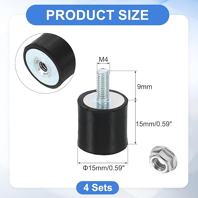 uxcell M4 Rubber Mounts, 4Pcs 14x15mm(DxH) Rubber Cylindrical Anti Vibration Isolator Shock Absorber with Lock Nut for Car Bobbin Generator Air Compressors