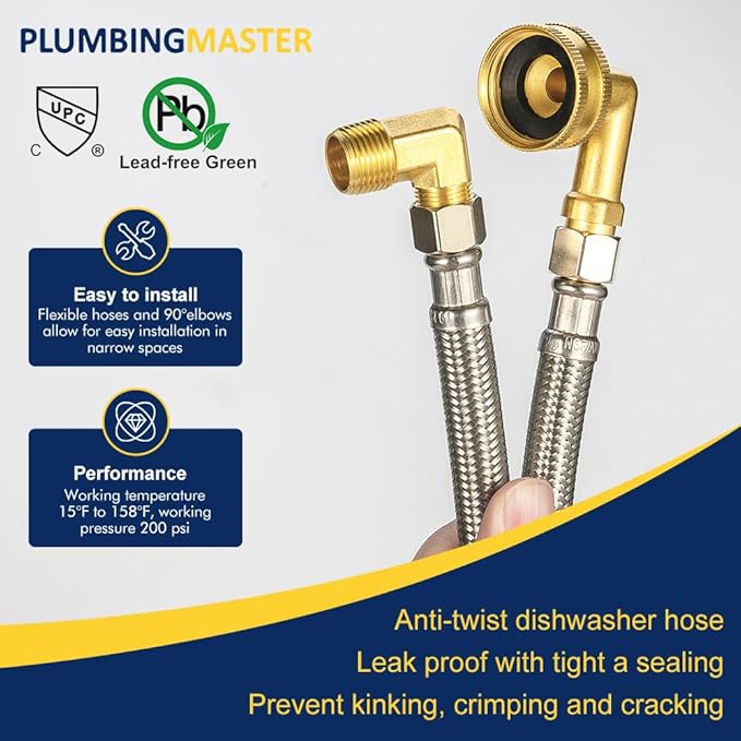 6FT Dishwasher Hose with Elbow – Stainless Steel Braided Supply Line, 3/8" Compression to 3/8" Elbow, Universal Fit, Burst Proof, NSF/Lead-Free Certified, 10-Year Warranty