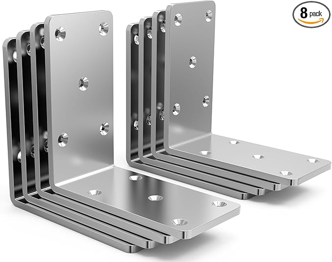 (8PCS) Heavy Duty L Brackets 5x5x2.5 for Wood,Metal Shelf Brackets,90 Degree Corner Bracket,Large Right Angle Bracket, Pergola Brackets Silver