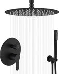 Matte Black Ceiling Mount Round Rain Shower System with 16 Inch Shower Head and Handheld Bathroom Shower Set Contain Shower Faucet Trim Kit (Mixer Valve Included)