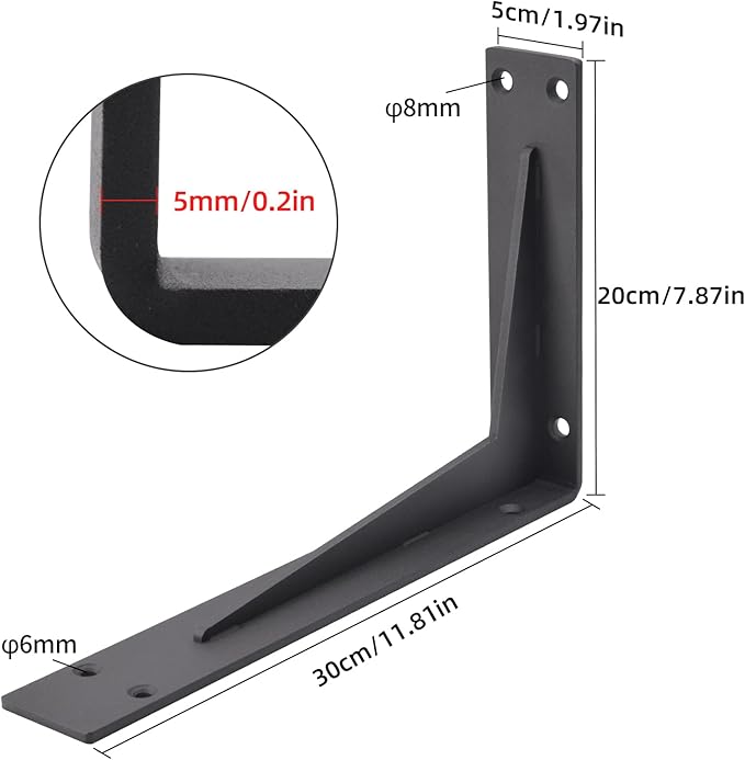 YUMORE Countertop Support Bracket Heavy Duty 12x8x2 in, 1/5IN Thicken Solid L Brackets Countertop Bar Shelf Bracket, Includes Hardware, Matte Black, 2 Pack