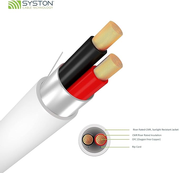 SYSTON 18/2 Fire Security Burglar Station Sound Alarm Control Cable Wire, Riser-Rated CMR/CL3R Shielded 100% Copper Stranded UL/ETL,UV Resistant RoHS for Indoor/Outdoor Low Voltage Applications Use