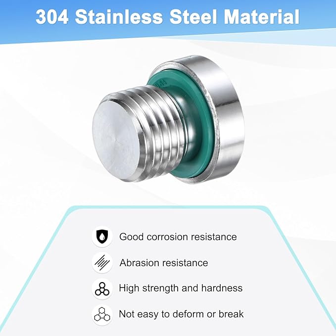 4-Pack Inner Hex Head Pipe Fitting Plug, M14x1.5mm 304 Stainless Steel Socket Bung Plug with Fluorine Sealing Ring for Terminate Pipe Ends/Replacement Drains