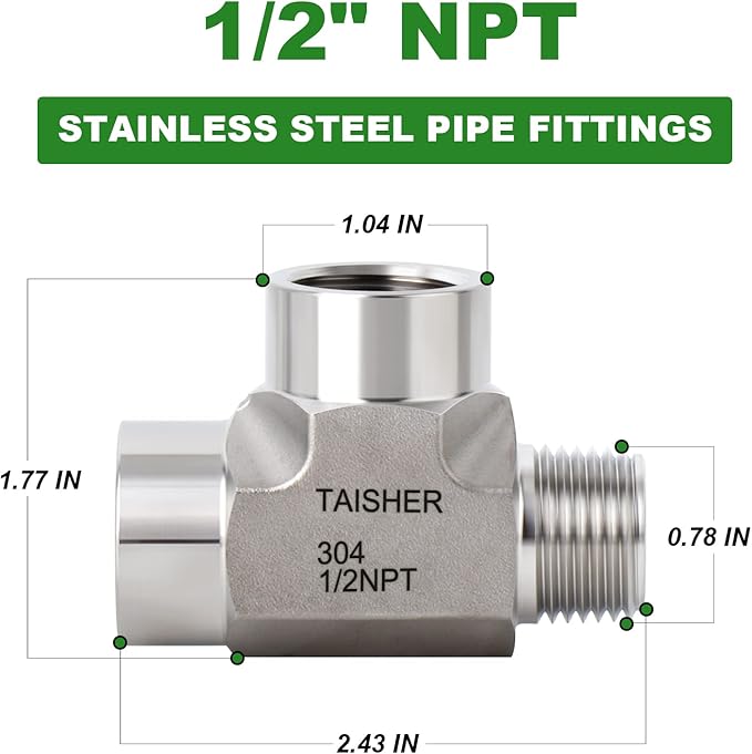 TAISHER 1PCS Forging of 304 Stainless Steel Tee Pipe Fittings, 1/2" NPT Female x 1/2" NPT Female x 1/2" NPT Male Pipe Fittings, Male Run Tee
