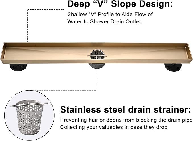 Linear Shower Floor Drain, Brushed Gold 48 Inch 304 Stainless Steel Bathroom Drains Kit, Rectangular Shower Trench Drain with Reversable Tile-in Pattern Drain Cover & Hair Catcher