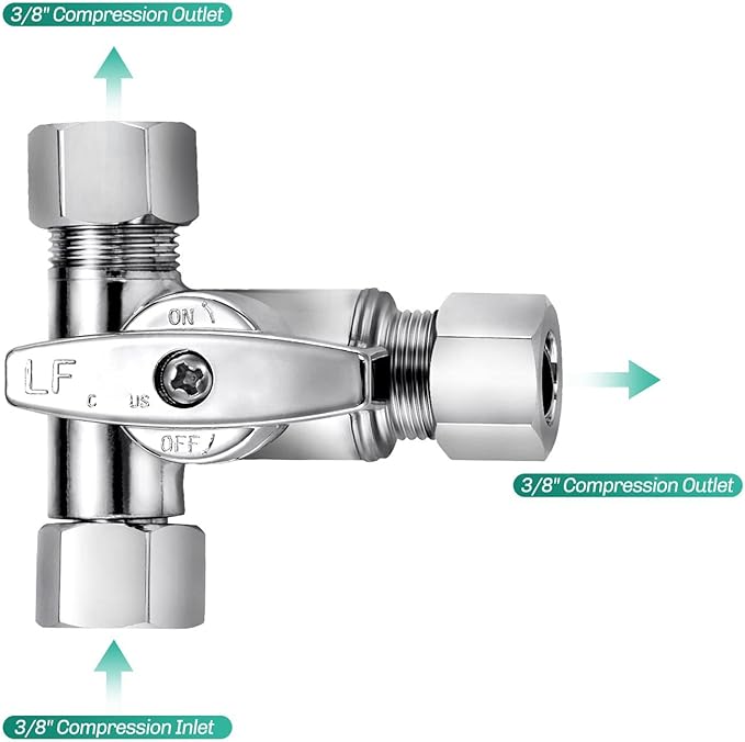 Brass 2Pcs Chrome-Plated Add-A-Tee 3-Way, 3/8 Inch Angle Stop Valve for Reverse Osmosis Water Filters, Ice Maker, Refrigerator