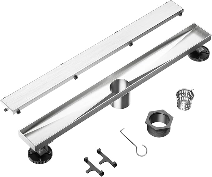 Neodrain 28-Inch Linear Shower Drain- with 2-in-1 Flat & Tile Insert Cover, Brushed 304 Stainless Steel Rectangle Shower Floor Drain,Floor Shower Drain with Adjustable Leveling Feet, Hair Strainer