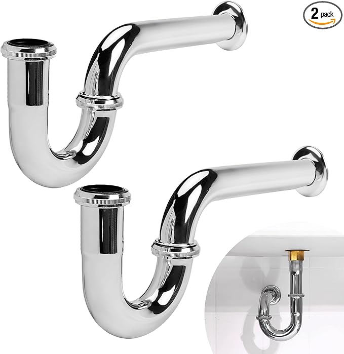 Stainless 2 Pack Steel P-Trap - 1 1/4 Inch Bathroom Basin Sink Waste Trap with Reducing Washer, Chrome Finish, Silver
