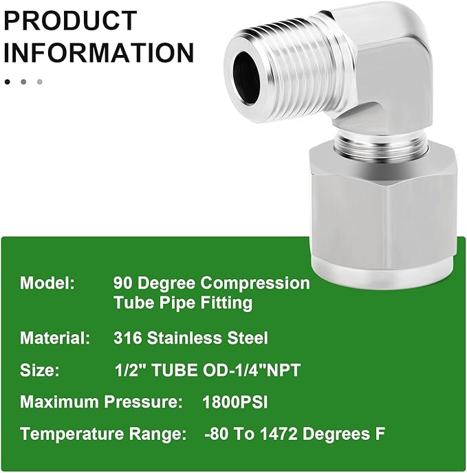 TAISHER 1PCS 316 Stainless Steel 90 Degree Compression Tube Pipe Fitting Connector, 1/2" Tube OD x 1/4" NPT Male Adapter