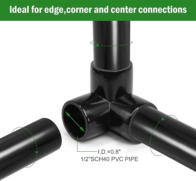 3 Way PVC Pipe Fittings 1/2 Inch, Zernmiarder Black PVC Elbow Corner Side Outlet Tee Fitting, SCH40 Furniture Grade Pipe Connectors - Fits 1/2" Polyvinyl Chloride Pipes, 4 Pieces