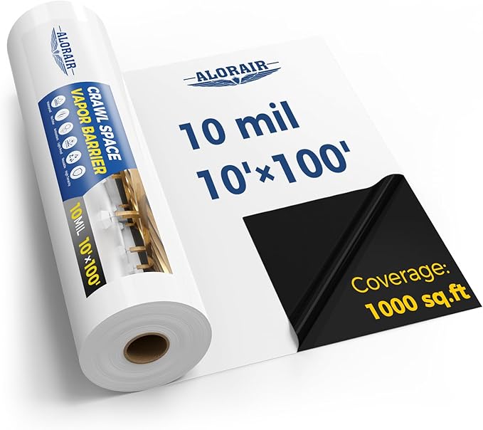 ALORAIR 10 mil Vapor Barrier for Crawl Space – 10' x 100' Heavy-Duty Plastic Sheeting – Black/White Panda Film – Crawlspace Encapsulation, Ground Cover, Drop Cloth – Commercial & Residential Use