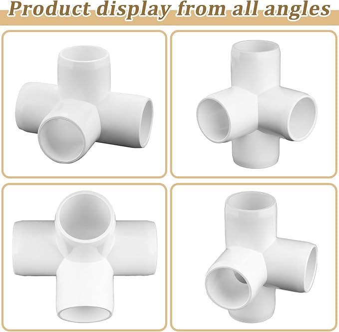 12-Pack 3/4" PVC Fittings 4 Way, Furniture Grade 3/4 Inch PVC Pipe Fittings 4 Way, UV Resistant, Fits SCH40 Pipe DIY Garden Shelves, Greenhouse, Shelf