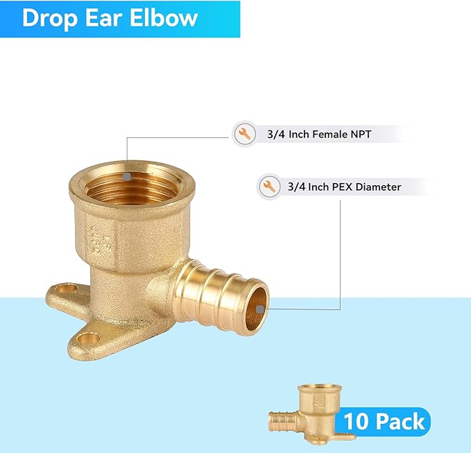 PEX Fitting 3/4" Drop Ear Elbow,10Pack Pex 3/4 Inch x 3/4 Inch Female NPT Drop Ear Elbow,PEX F1807 Crimp Brass Fittings(PEX1807169)