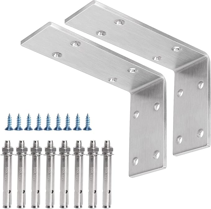 YUMORE Shelf Bracket Heavy Duty 6x4x2 in, 1/5IN Extra Thick Solid L Brackets Stainless Steel Countertop Bar Top Support Brackets Wall Mounted, Includes Hardware, 2 Pack