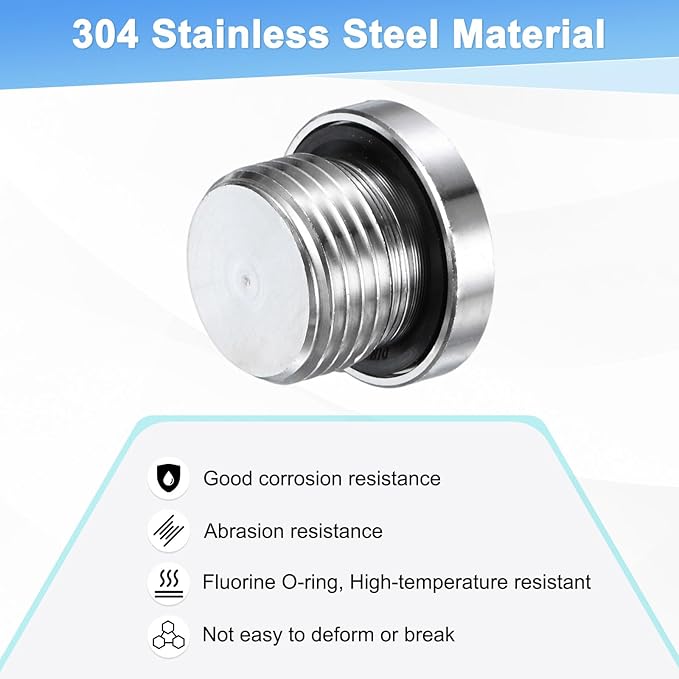 4-Pack Inner Hex Head Pipe Fitting Plug, 1/2 NPT 304 Stainless Steel Socket Bung Plug with Sealing Ring for Terminate Pipe Ends/Replacement Drains