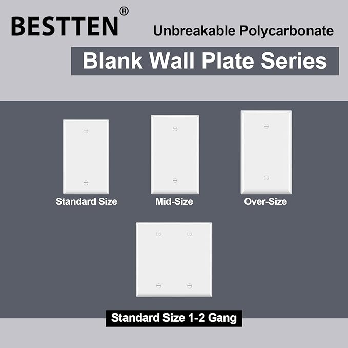 BESTTEN 50 Pack 1-Gang Blank Wall Plate, UL Listed, No Device Outlet Cover, H4.53” x W2.76”, Unbreakable Polycarbonate Thermoplastic Wallplate, White