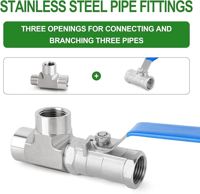 TAISHER 1PCS Forging of 316L Stainless Steel Tee Pipe Fittings, 1/4" NPT Female x 1/4" NPT Female x 1/4" NPT Male Pipe Fittings, Male Run Tee