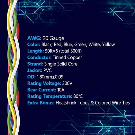 Fermerry 20 AWG Solid Core Wire Spool 50ft Each 6 Colors Flexible 20 Gauge Hook up Wire Kit Electrical Tinned Copper Wire PVC