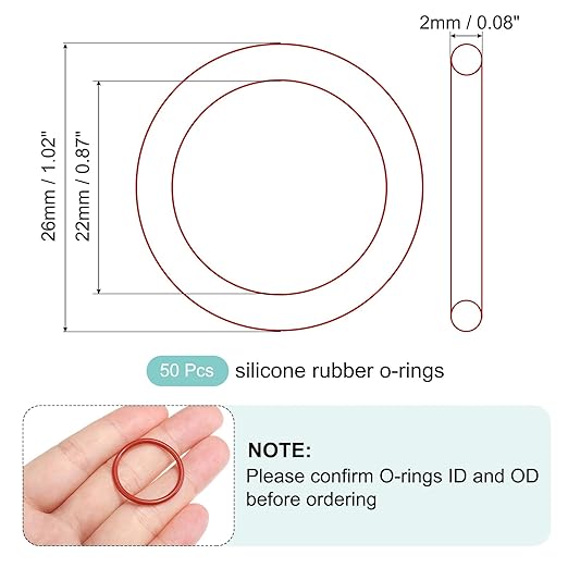 MECCANIXITY Silicone O-Ring 22mm ID 26mm OD 2mm Width Metric VMQ Sealing Gasket Replacement 50A Durometer for Plumbing Compressor Faucets Valves Repair (Red, Pack of 50)
