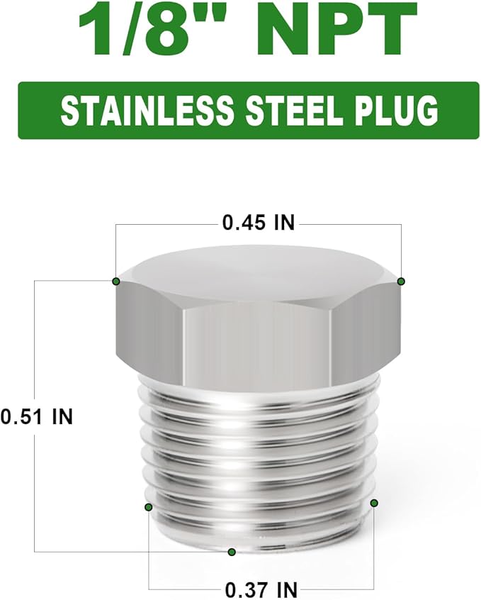 TAISHER 10PCS Stainless Steel Outer Hex Thread Socket Pipe Plug Fitting 1/8" NPT Male