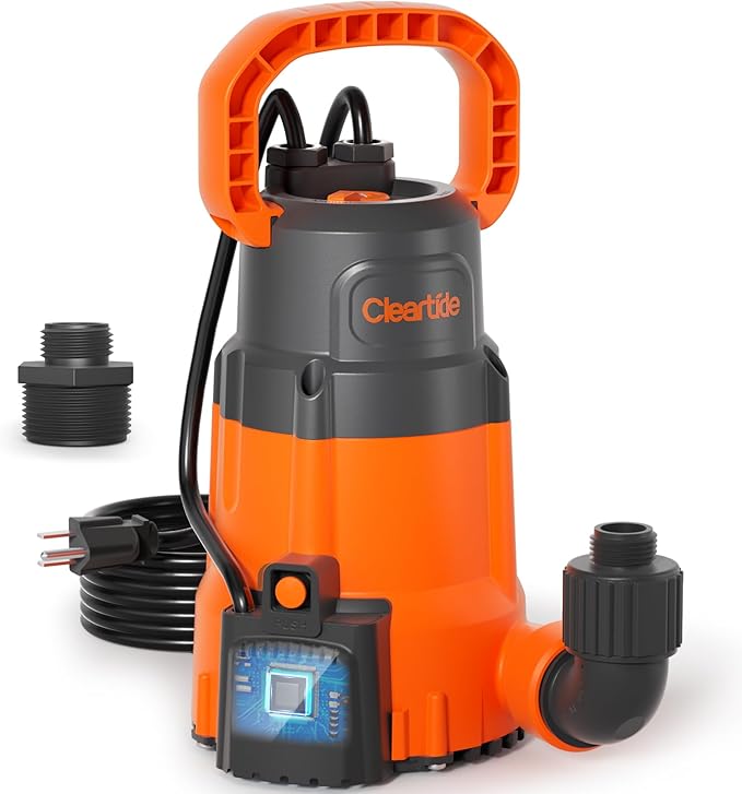 Cleartide Submersible Sump Pump with Smart Water Sensor, 1/3 HP 2790GPH High-Capacity Utility Pump, Auto and Manual Mode Handles 3/8" Solids, for Pool, Basement, Garden Drainage