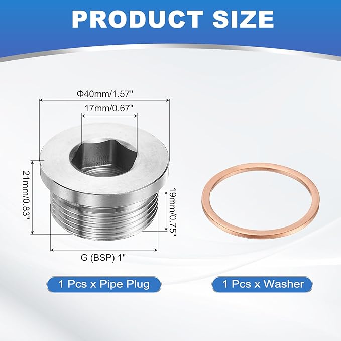 PATIKIL 2 Pcs 1" BSP Pipe Plug Fitting, 304 Stainless Steel Internal Hex Head Socket Pipe Cap Adapter Connector with Copper Washer for Sealing Oil Gas Water