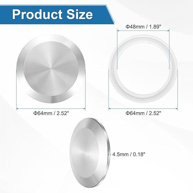 uxcell 2set Stainless Steel Sanitary Fitting Clamp End Cap 2-1/2" (64mm) Solid Tube End Cap with Silicone Gasket for Food Beverage Cosmetics Factory Pipes