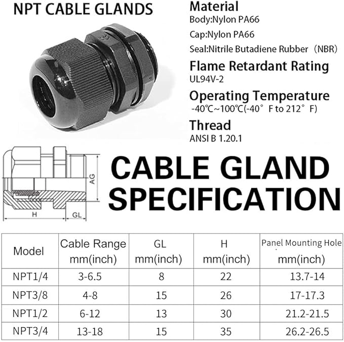 PENGLIN Cable Glands 3/8" NPT Nylon Cable Connector, Strain Relief Cord Connector, IP68 Waterproof Adjustable Locknut(3/8 Inch (20 Pack))