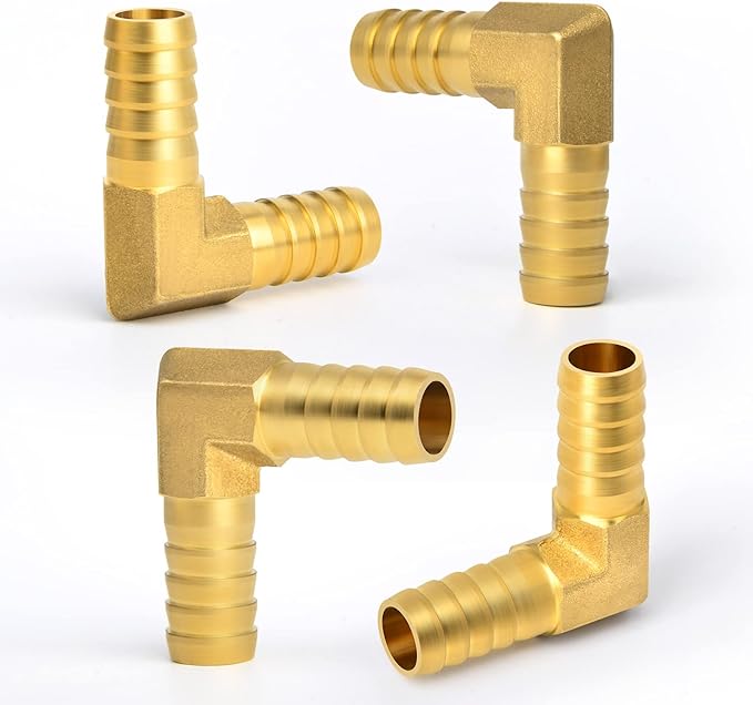 GASHER 2 Pieces Brass Hose Barb Reducer, 5/8 Inch to 5/8 Inch Barb Hose ID 90 Degree L Right Angle Elbow with 4 Hose Clamps, Brass Barb Reducer SPLICER Fitting Fuel/AIR/Water/Oil/Gas/WOG