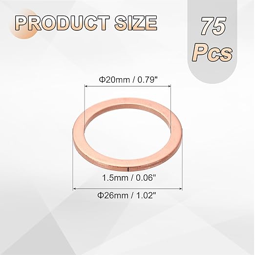 uxcell 75Pcs M20 Flat Washer Copper Washer Sealing Rings, 20mm ID 26mm OD 1.5mm Thickness Copper Crush Washers Metric Sealing Gasket for Plumbing Machinery Automotive