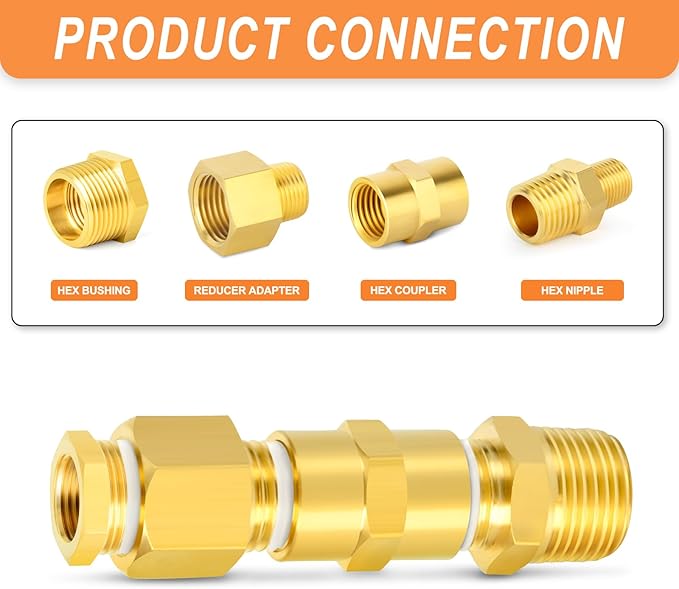 GASHER Brass Reducing Hex Nipples,1 Inch NPT Male x 3/4 Inch NPT Male Brass Pipe Adapter Fittings Reducing Nipples Connector（5Pcs）