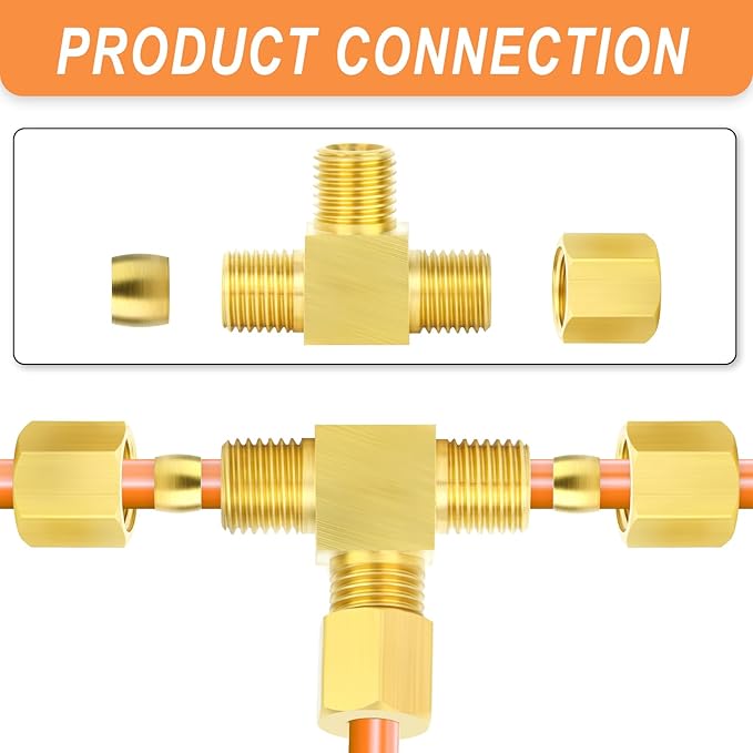 GASHER 2PCS Brass Compression Tube Pipe Fitting Connector, Tee，10mm x 10mm x 10mm Tube OD Connector