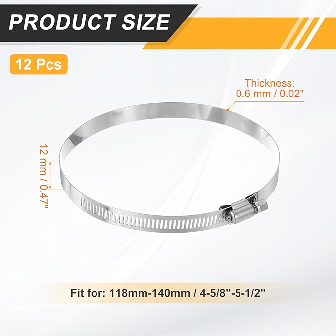 HARFINGTON 12 Pcs Hose Clamp 4-5/8"-5-1/2" (118-140mm) 304 Stainless Steel Adjustable Worm Gear Hose Clamp Assortment Kit for Fuel Line Pipe Plumbing Automotive Tube Mechanical