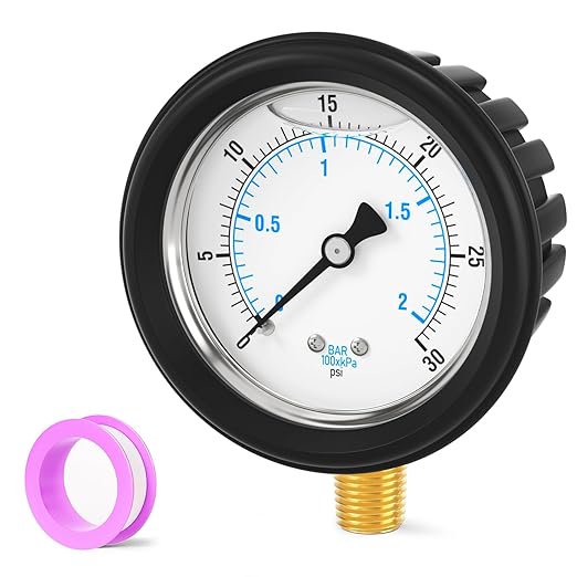 0-30PSI Stainless Steel Liquid Filled Pressure Gauge, 2.5" Dial Size, 1/4" NPT Lower Mount, with Rubber Protective Sleeve, for Tube, Water Pump, Gas, Liquid, Pressure Test
