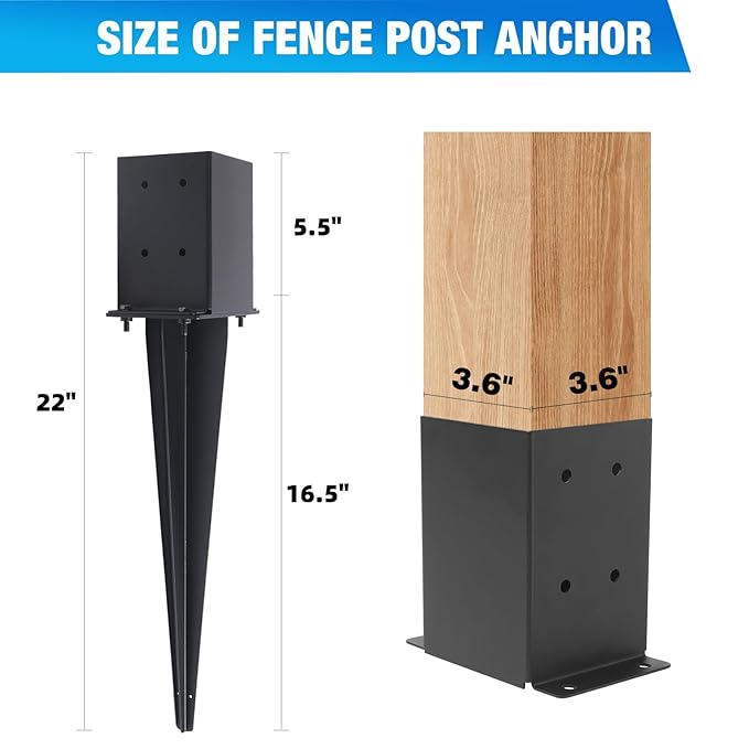 2 Pcs 4"x4" Fence Post Anchor Ground Spike 22"(Actual 3.6"x3.6") Heavy Duty Metal Fence Post Anchor with Black Powder-Coated for Deck,Fence,Porch,Railing,Mailbox